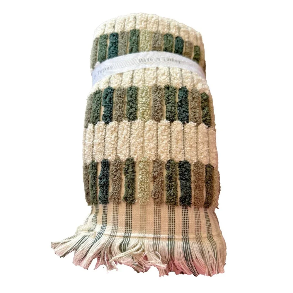 Brooks Brothers Hand Towels Set of 2 Green Luxury Mosaic Tile Thick Plush